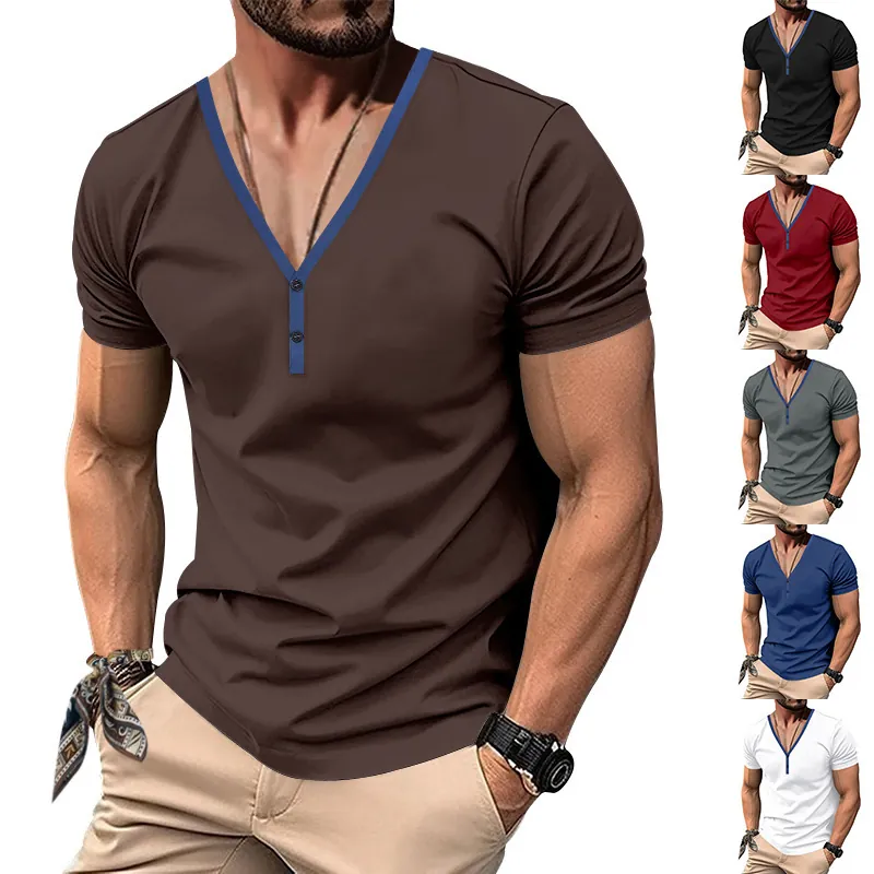 Ανδρικό Casual Slim Fit V Neck Henley T-Shirt με Αντίθετη Λεπτομέρεια Κοντομάνικο Top Μαλακό Πολυεστέρα Σπάντεξ Καλοκαιρινό Tee