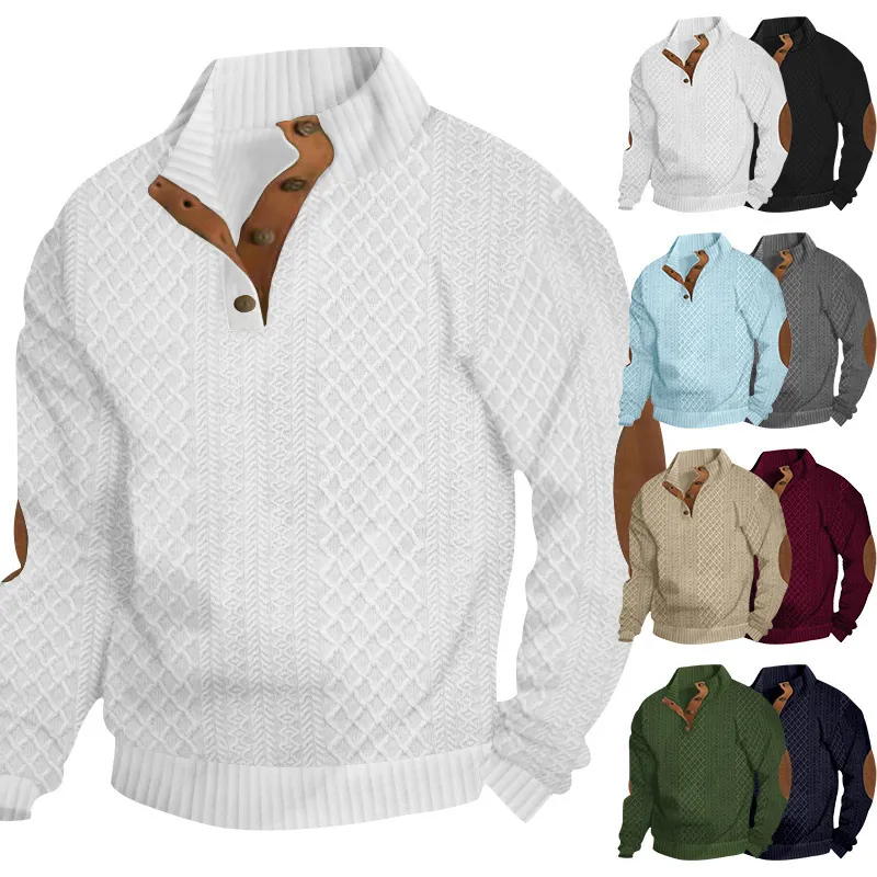 Men Retro Henley Knit Sweatshirt Stand Collar Long Sleeve Jacquard Top With Elbow Patches Heavyweight Polyester Casual Warm Winter Pullover