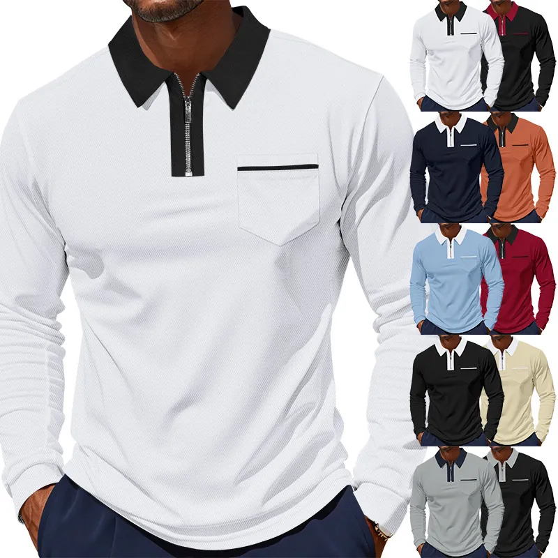 Men Long Sleeve Polo Shirt Quick Dry Breathable Zip Front British Style Casual Color Block Contrast Collar Top