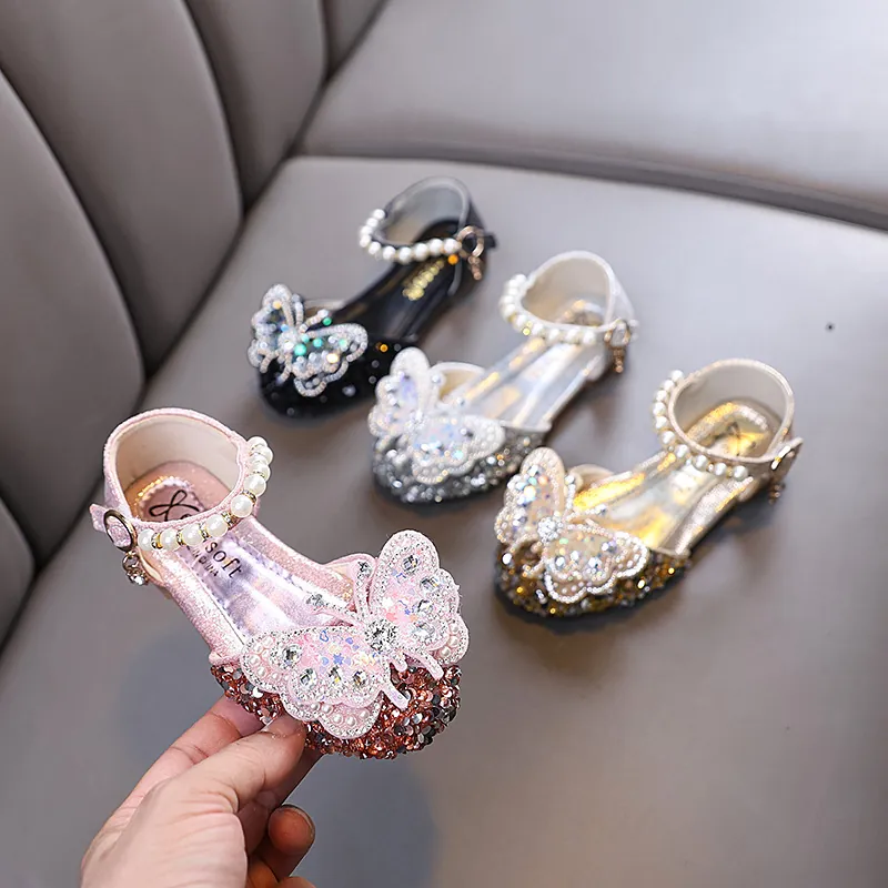 Girls Princess Shoes Rhinestone Butterfly Decor Artificial Pearl Strap Sequin Dance Performance Party Shoes For Toddlers Kids