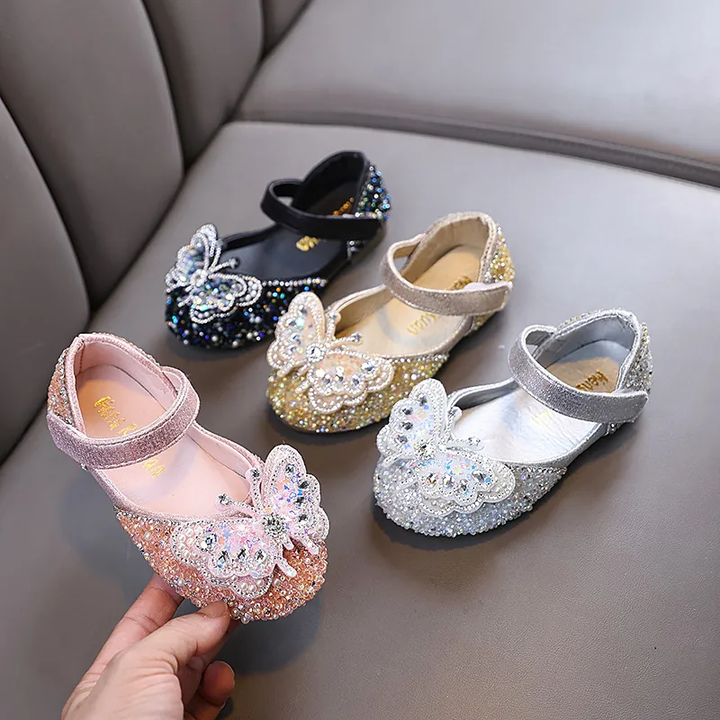 Girls Princess Rhinestone Mary Jane Shoes Butterfly Decor Sparkling Wedding Party Performance Dress Shoes For Kids
