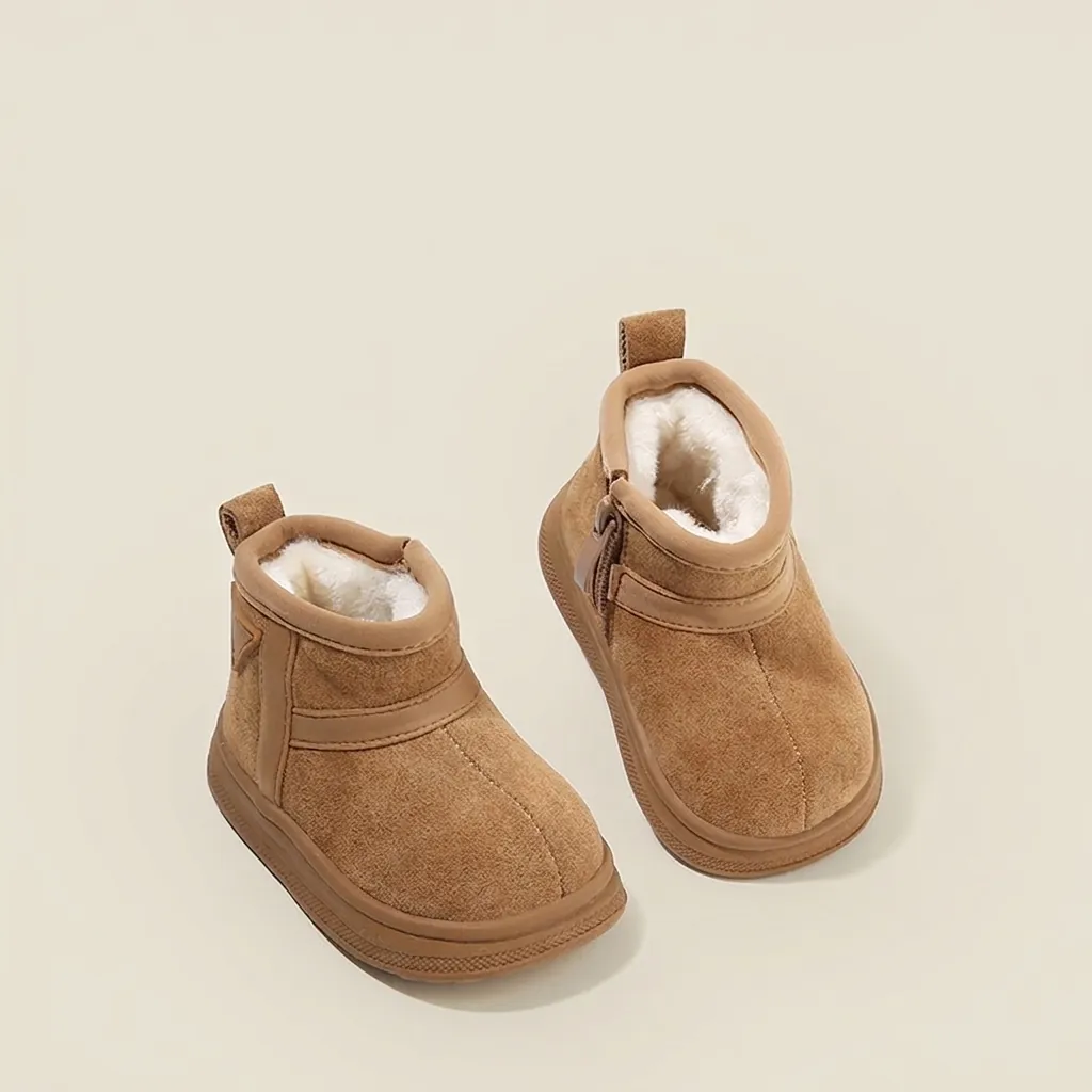 Baby Toddler Suede Winter Snow Boots Thickened Plush Lined Warm Ankle Boots Side Zipper Non-Slip Sole Children Cotton Shoes