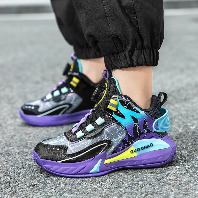 Zapatillas de Baloncesto para Niños de Caña Alta Cuero Sintético Zapatillas Deportivas Con Hebilla Giratoria Zapatos para Correr Antideslizantes