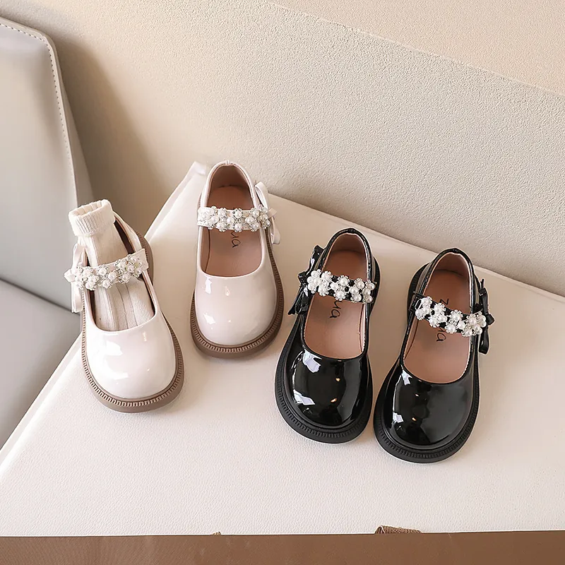 Zapatos de Princesa Mary Jane de Cuero Charol para Niñas Con Lazo Perlas Artificiales Diamantes de Imitación Suela Blanda Estilo Británico Zapatos de Fiesta