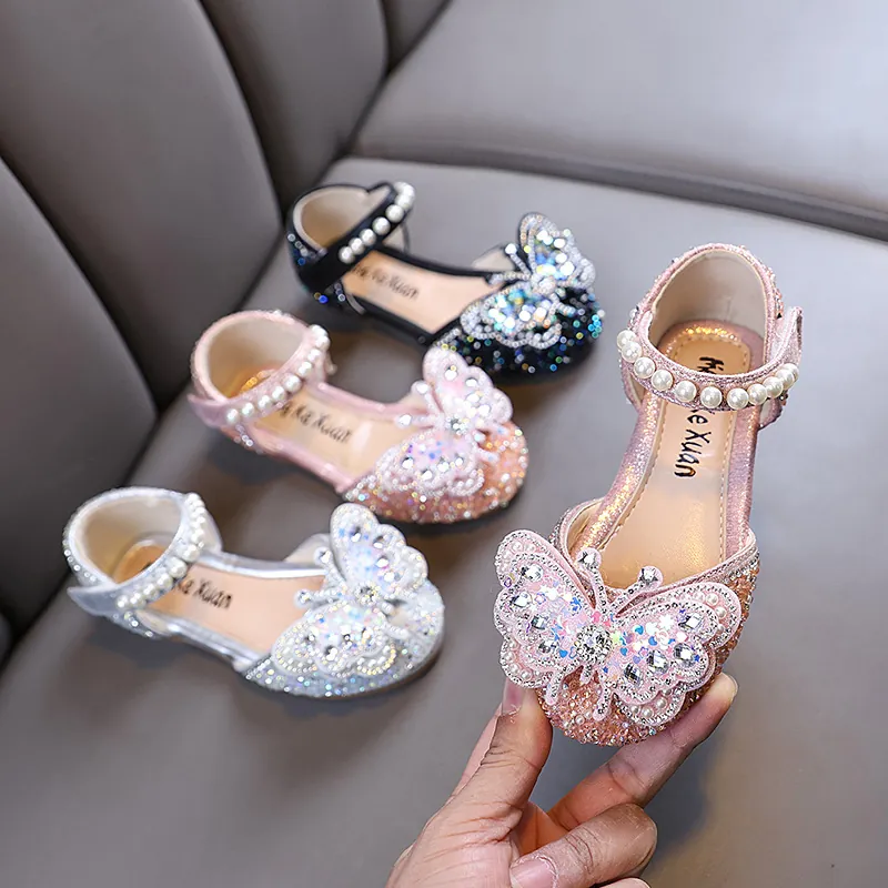 Girls Princess Shoes Rhinestone Bow Sparkling Performance Shoes With Artificial Pearl Strap Elegant Wedding Dance Leather Flats For Kids