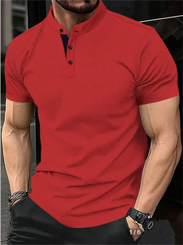 Men's Sporty Casual Polo Shirt Stand Collar Short Sleeve American Retro Solid Color Top For Summer Daily Workout