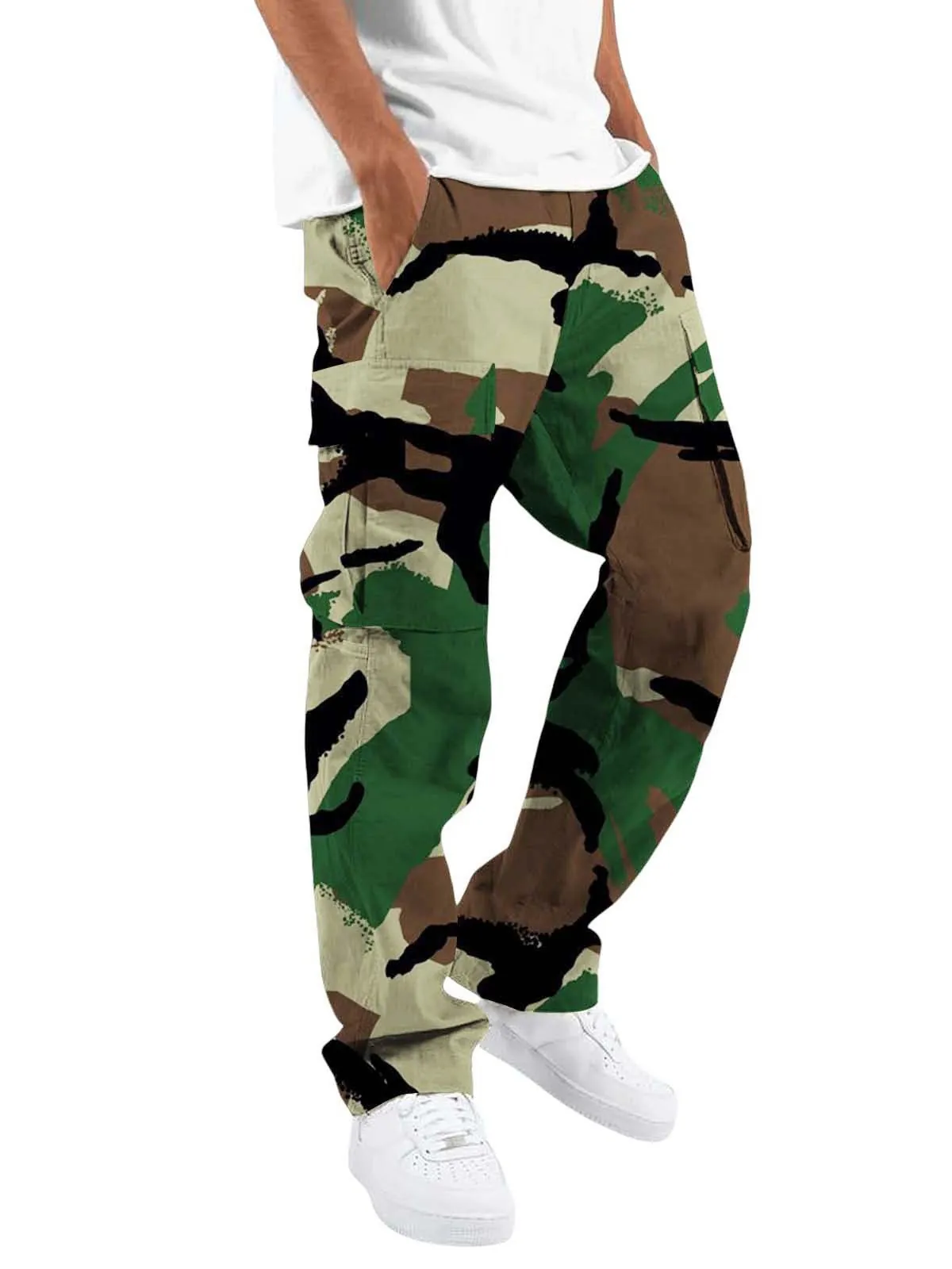 Pantalones Cargo de Camuflaje Geométrico Holgados para Hombre Deporte al Aire Libre Corte Recto Multibolsillos