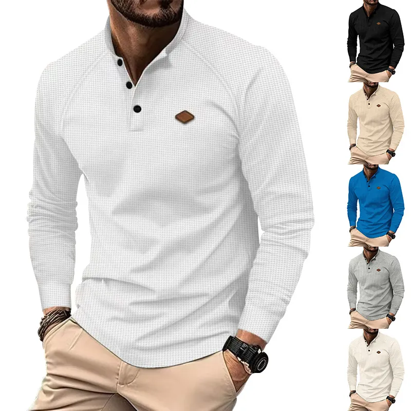 Men Waffle Knit Henley Shirt Long Sleeve Casual Breathable Polyester Solid Color Button Neck T-Shirt Smart Casual Top