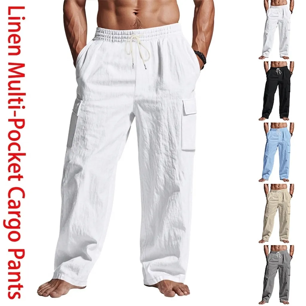 Pantaloni Cargo da Uomo Casual in Lino Gamba Dritta Multi Tasche Coulisse in Vita Traspirante Tinta Unita Pantaloni alla Moda