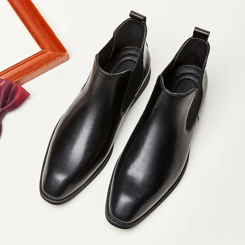 Men British Style Split Leather Chelsea Boots Retro Square Toe Slip-on Elastic Side Business Casual High-top Short Boots
