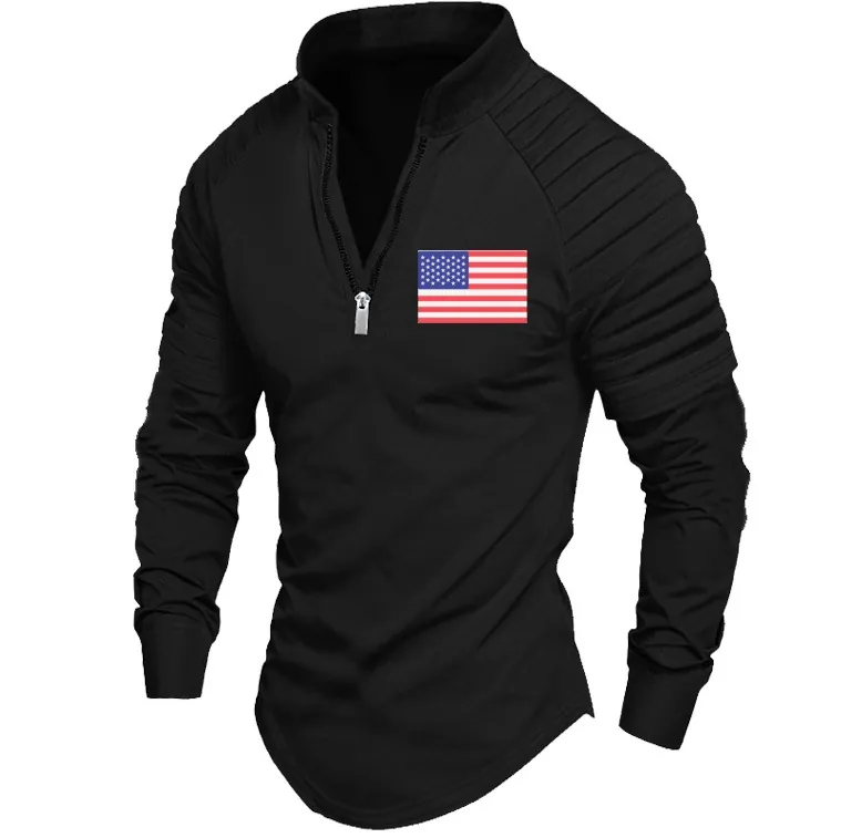 Men's Long Sleeve Polo Shirt Pleated Sleeves Quarter Zip Stand Collar Solid Color Polyester Casual Sporty Top American Flag Patch