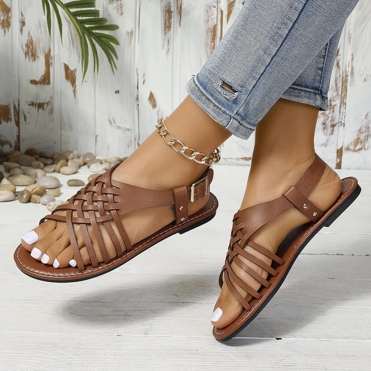 Sandalias Planas Romanas de Cuero de Vaca Vintage para Mujer Correas Cruzadas Trenzadas Hebilla Punta Abierta Talla Grande Zapatos de Verano