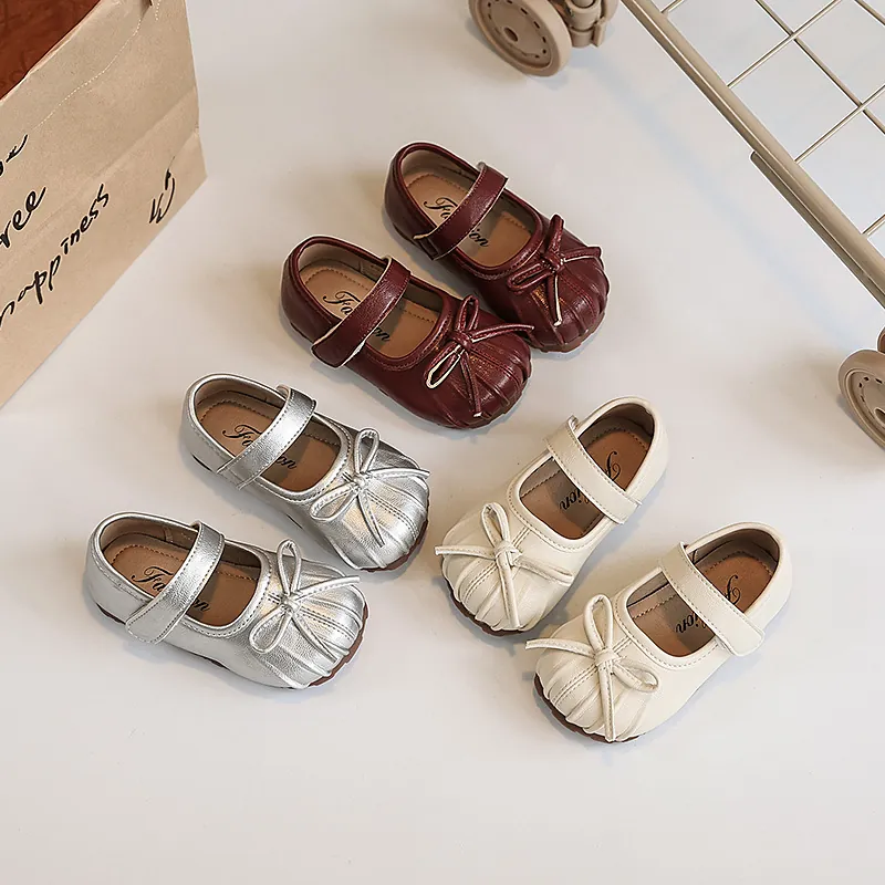 Girls Mary Jane Shoes Pleated Bow Princess Flat Shoes Toddler Kids Soft Sole Velcro PU Leather Casual Dress Shoes