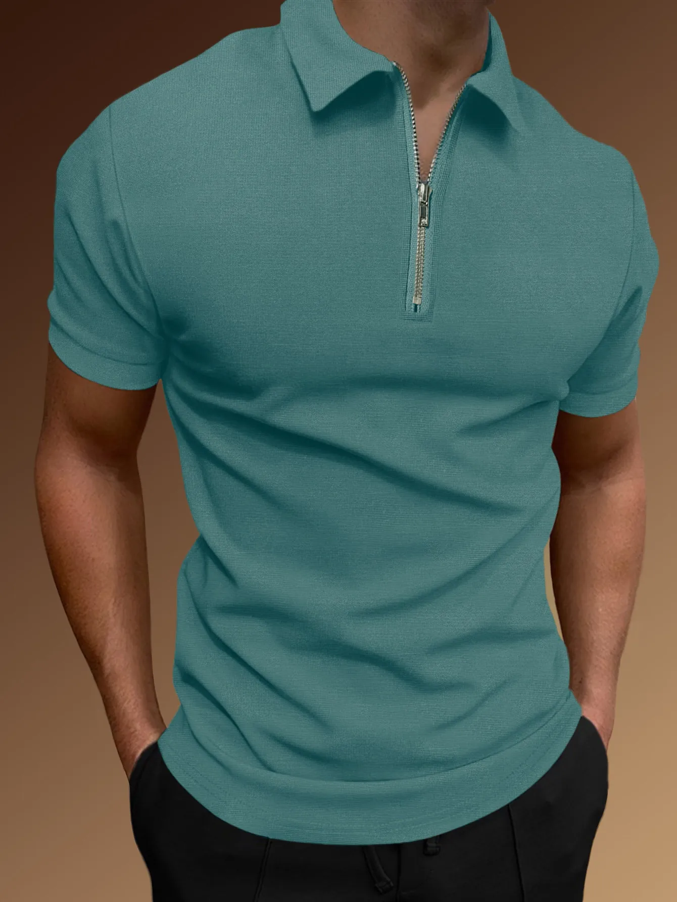 Herren Casual Sport Polohemd Polyester Halber Reißverschluss Umlegekragen Kurzarm Top Waffelstruktur Fitness Gym Kleidung