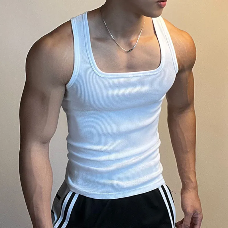 Men's Ribbed Muscle Tight Tank Top Quick Dry Elastic Fitness Sleeveless Racerback Gym Vest American Style Sporty Top