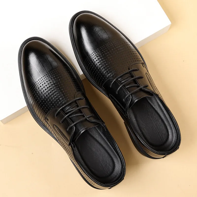 Men Business Casual Hollow Breathable Leather Shoes Lace-up Height Increasing Summer Office Formal Dress Shoes