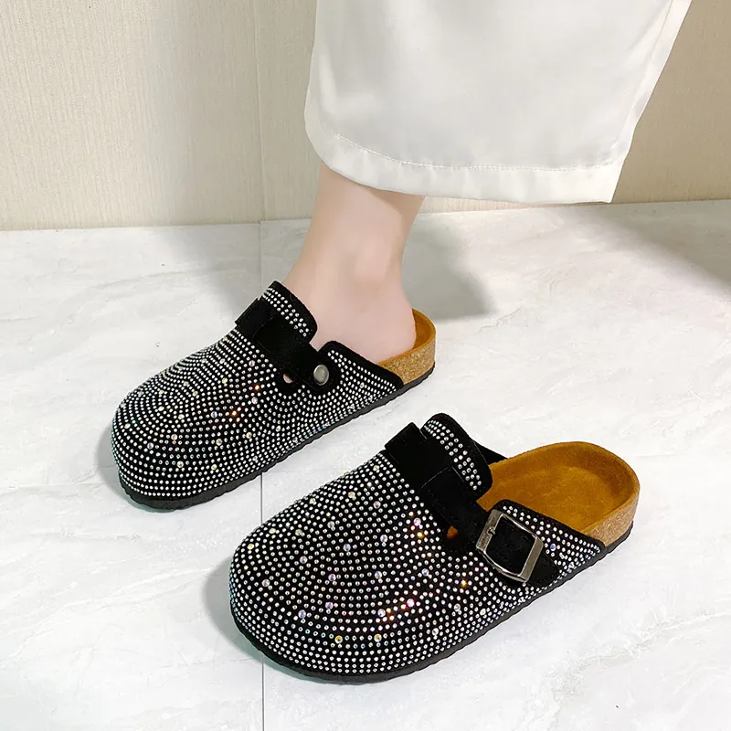Women Rhinestone Clogs Mules Thick Sole Platform Sandals Adjustable Buckle Suede Slip On Shoes European Fashion Outdoor Bling Slides
