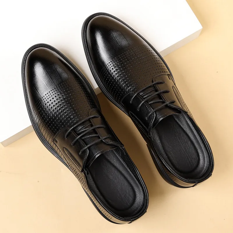 Herren Business Casual Hohl Atmungsaktive Lederschuhe Schnürung Höhenverstellbar Sommer Büro Formelle Halbschuhe