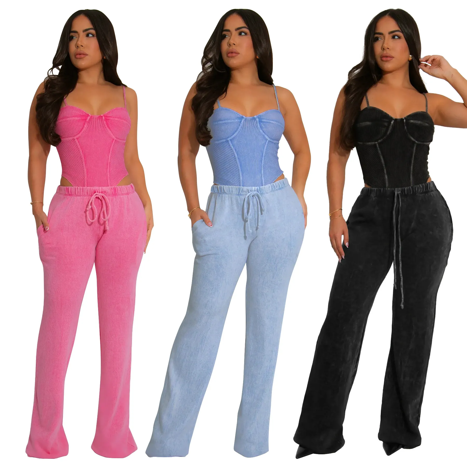 Vrouwen Sexy Gewassen Katoen Corset Cami Top En Wijde Pijpen Broek Outfits Geribbeld Distressed Streetwear Top And Bottom