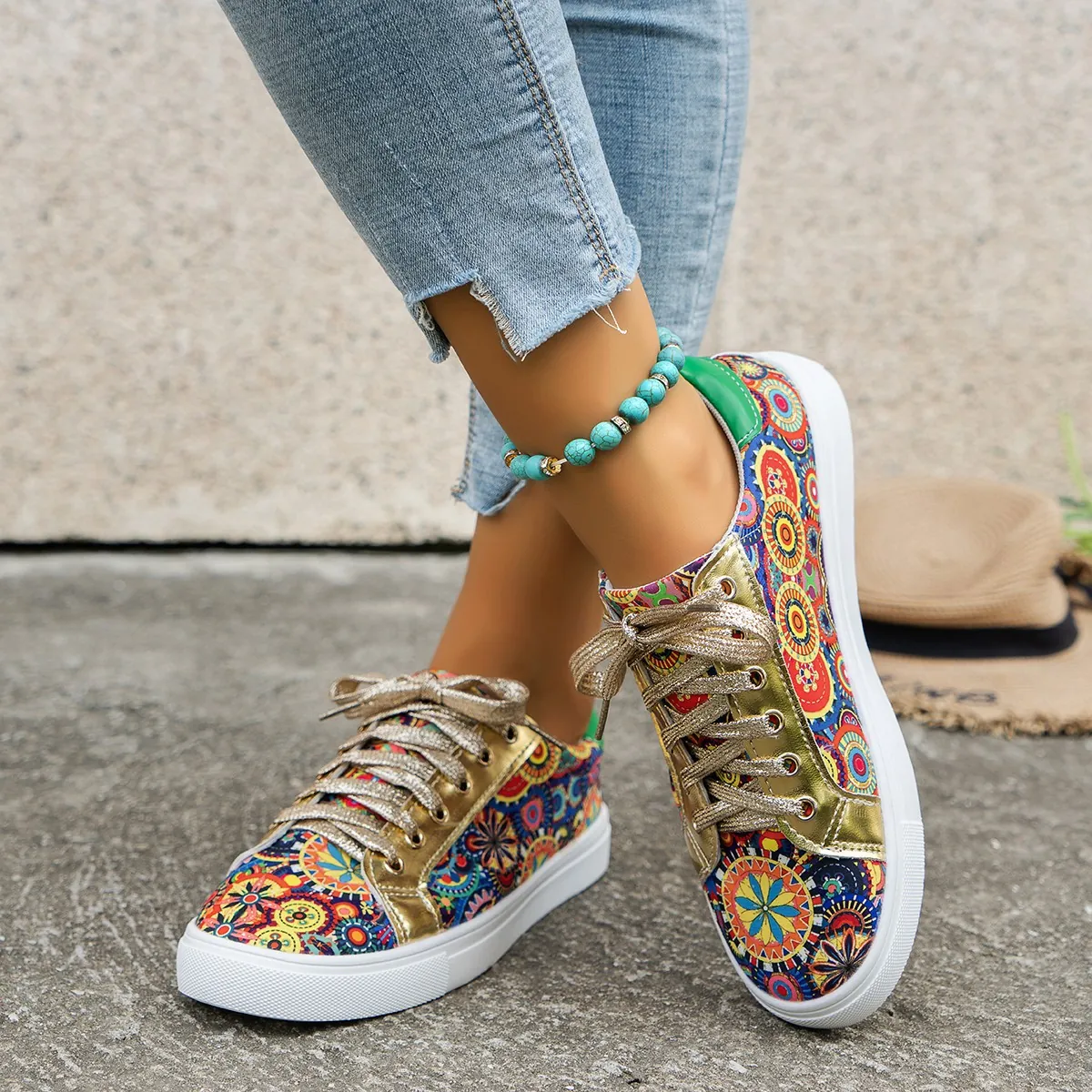 Women's Bohemian Mandala Print Canvas Sneakers Metallic PU Patch Round Toe Flat Board Shoes Ethnic Style Lace-up Plimsolls Large Size