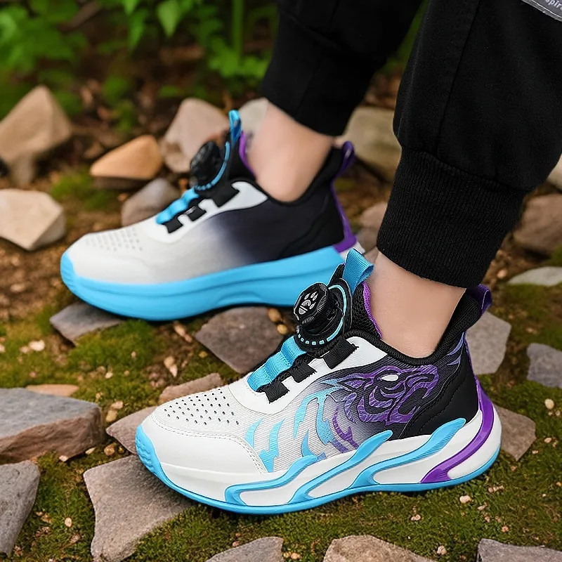 Kids Boys Basketball Shoes Rotary Buckle Breathable Mesh Synthetic Leather Tiger Pattern Non-Slip Training Sports Sneakers Shoes