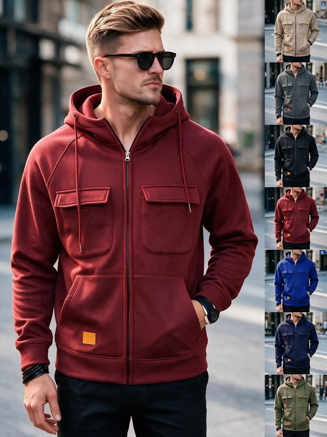 Herren Amerikanischer Stil Kapuzenjacke Fleece Gefüttert Stehkragen Lockerer Lässiger Hoodie Mit Mehreren Taschen Einfarbig