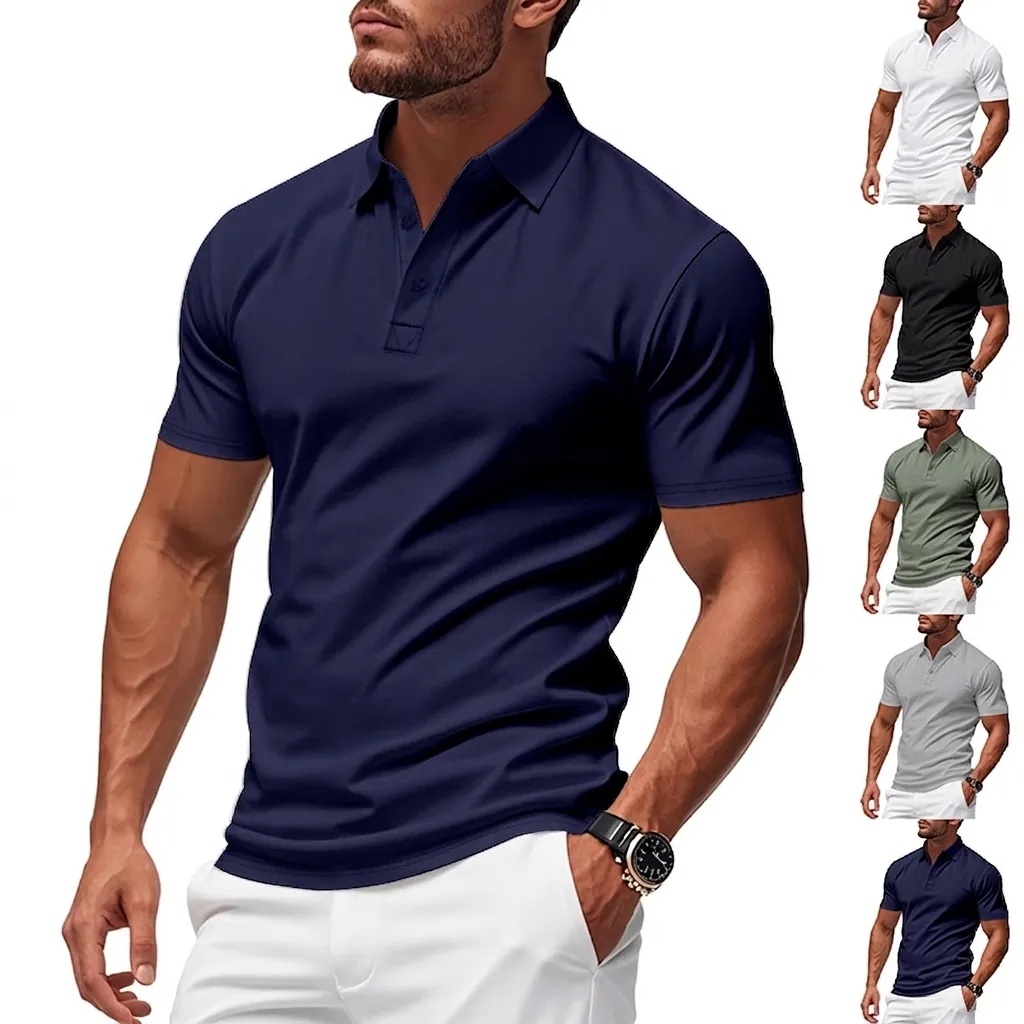 Men Short Sleeve Polo Shirt Breathable Knitted Polyester Golf Top Slim Fit Casual Solid Color Summer Urban Fashion Top