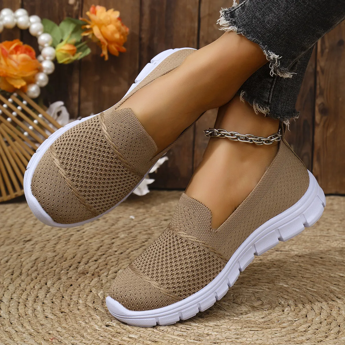 Damen Atmungsaktive Netzgewebe Freizeitschuhe Runde Zehenpartie Slipper Flache Sneaker Khaki Schwarz Grau Sommer Frühling Leichte Slipper