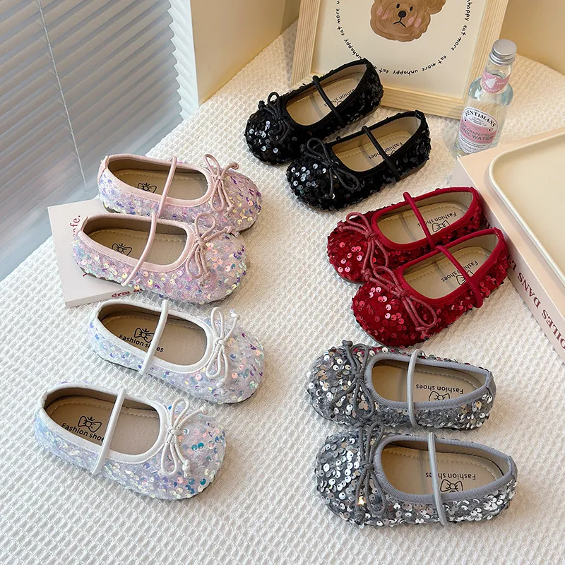 Elegant Sequin Girls Princess Shoes Soft Sole Shiny Bow Mary Jane Flats Spring Autumn Daily Fashion Footwear For Kids
