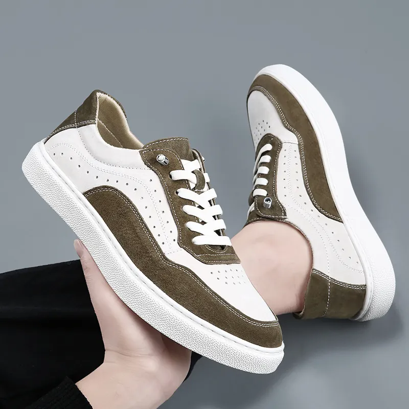 Chaussures de Skate Rétro Homme Bloc de Couleur Cuir de Porc Baskets Décontractées Respirantes Semelle Épaisse Trend 2026