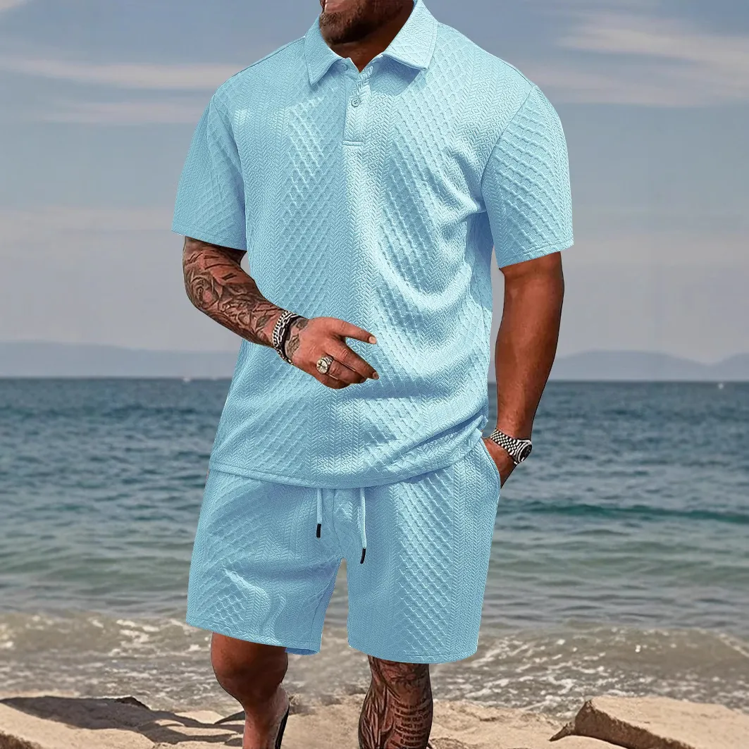 Men Summer Casual Sport Polo Set Polyester Jacquard Short Sleeve Shirt And Drawstring Shorts Outfits Men Clothing