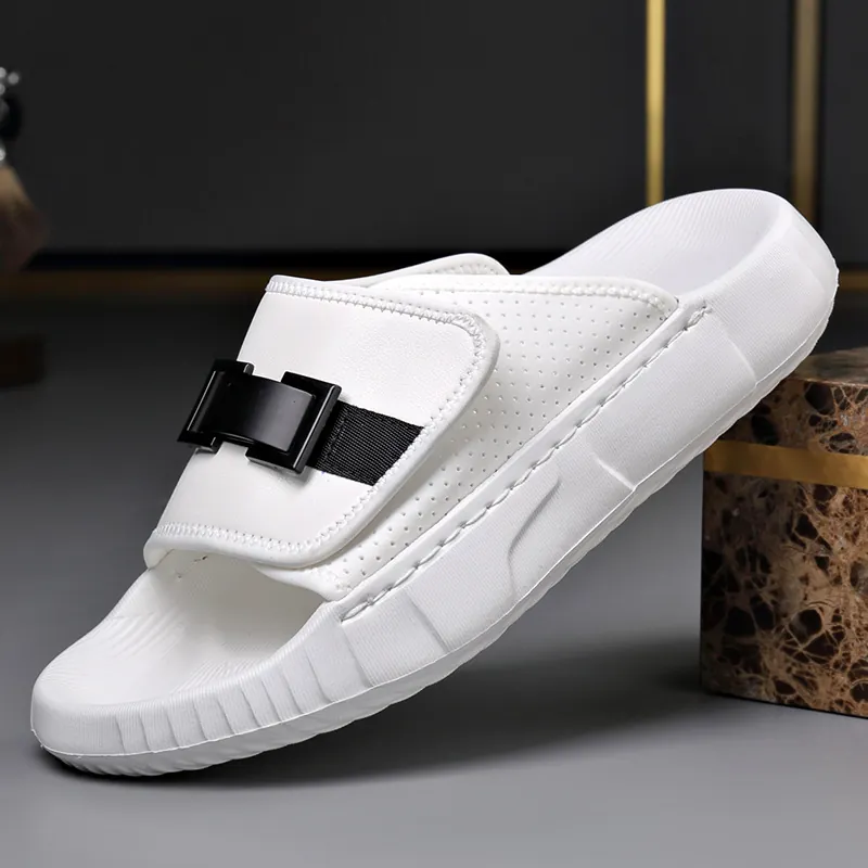 Men Summer Slides PU Leather Breathable Beach Sandals Casual Sport Thick Sole Adjustable Buckle Slides Wear-resistant Shoes
