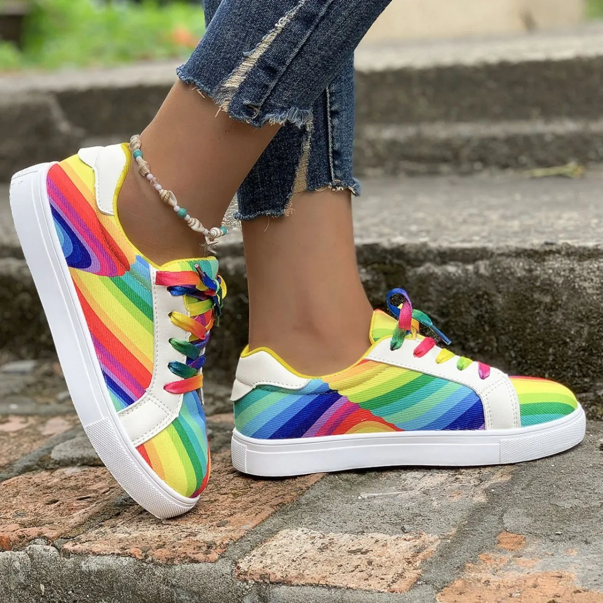 Women Fashion Rainbow Gradient Sneakers Casual Board Shoes Colorful Graffiti Street Style Platform Low Top Lace Up Flat Shoes