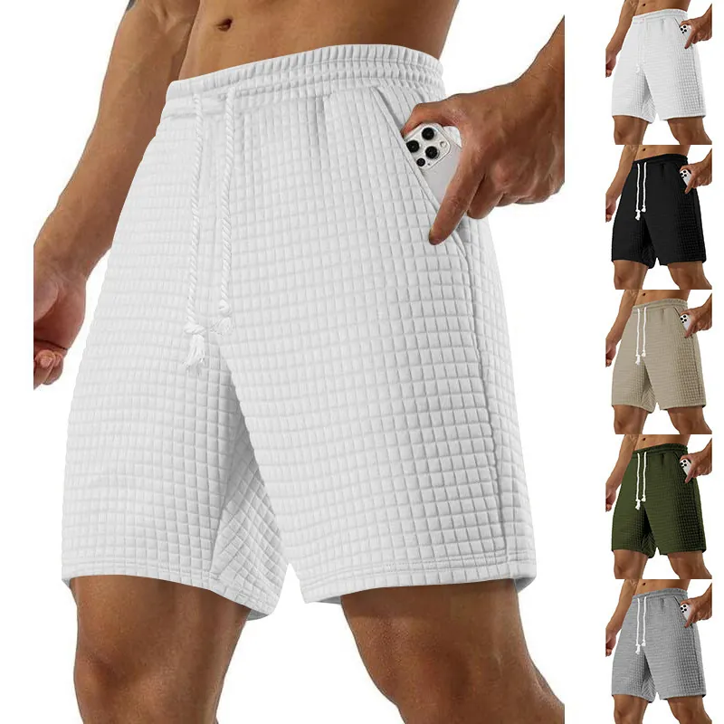Herren Waffelstrick-Shorts Sommer Lässig Einfarbig Kordelzug Locker Gerade Sportshorts Workout Unterteil Kleidung