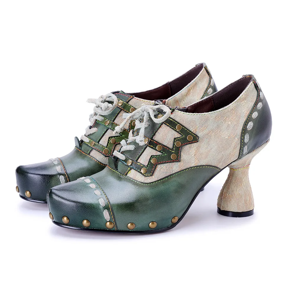 Talons Hauts Rétro pour Femmes en Peau de Mouton Patchwork avec Rivets Style Moto Talon Bobine Chaussures Lacées