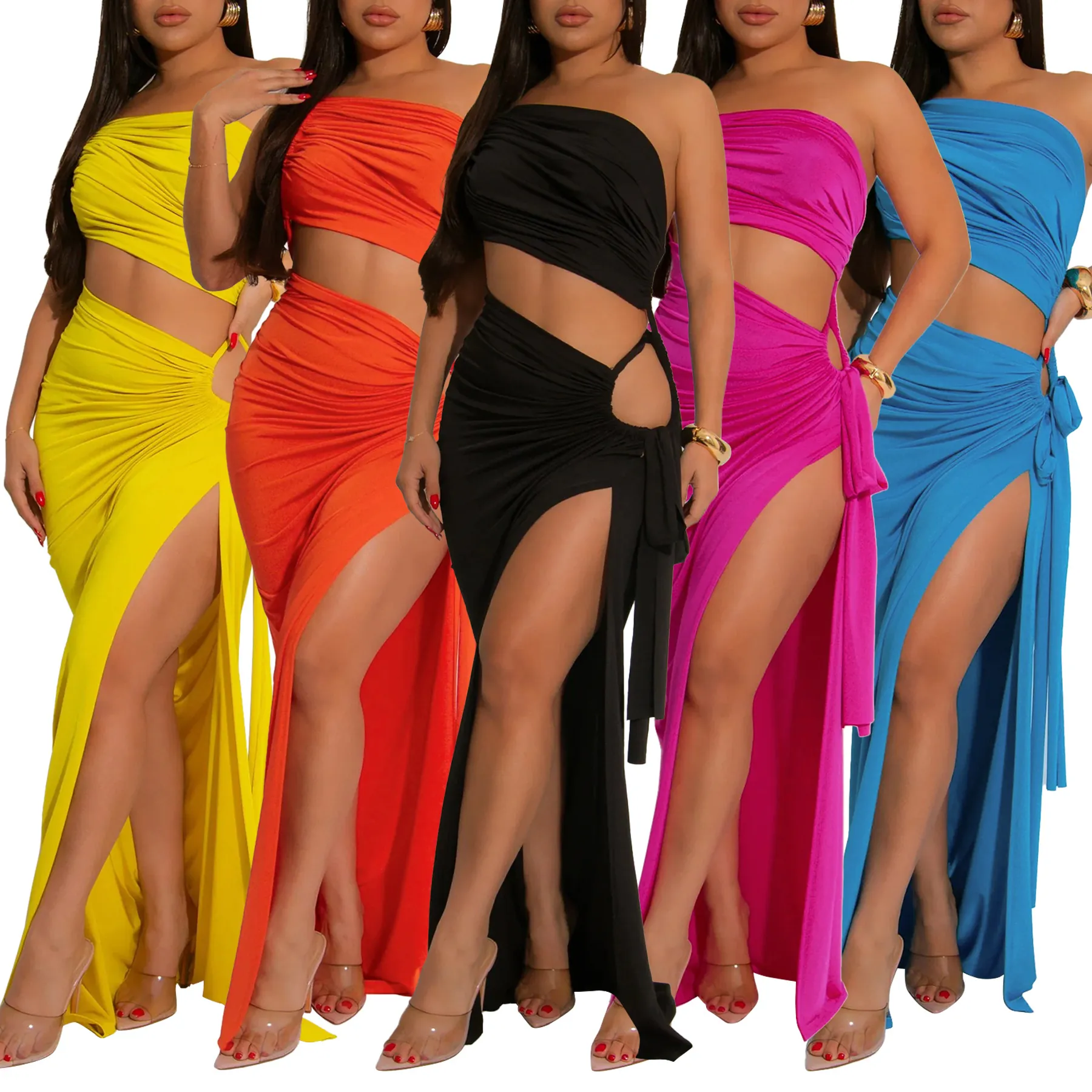 Robe Longue Femme Sexy Une Épaule Ajourée Fente Haute Plissée Couleur Unie Sans Manches Polyester Soirée Robe Ajustée