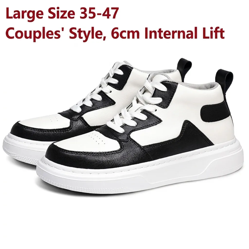 Men Cattle Leather Mid-top Sneakers Hidden Wedge Platform Casual Skate Shoes Solid Color Comfortable Athletic Board Shoes