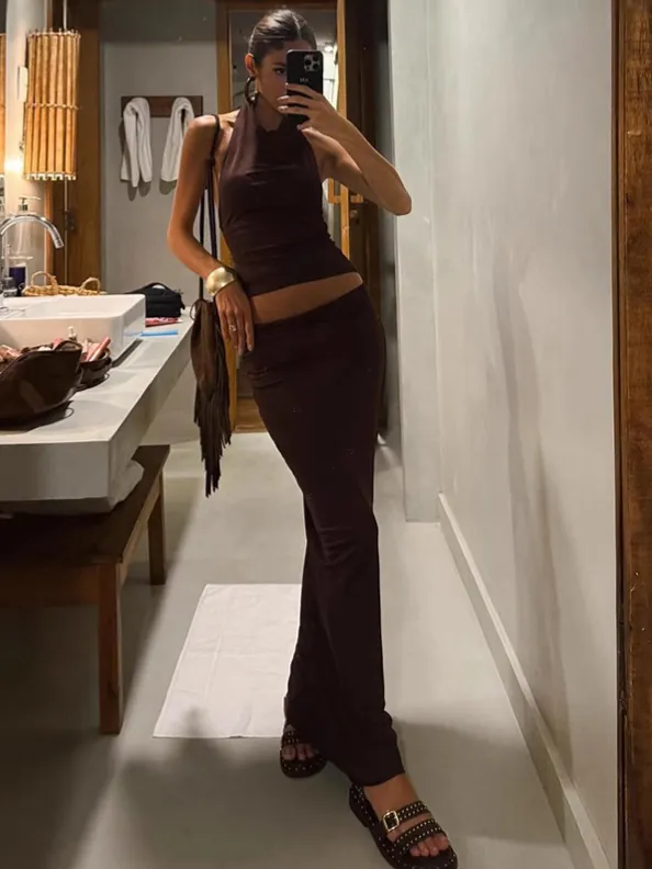 Women Halter Backless Crop Top And Ruched Bodycon Maxi Skirt Set Sexy Solid Color Sleeveless Two Piece Outfits