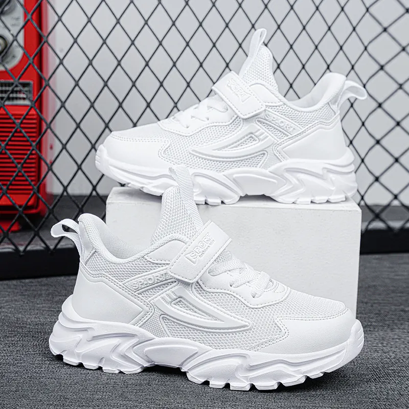 Classic White Kids Sports Shoes Lightweight Breathable Mesh Sneakers For Boys Girls Students Hook And Loop Running Shoes