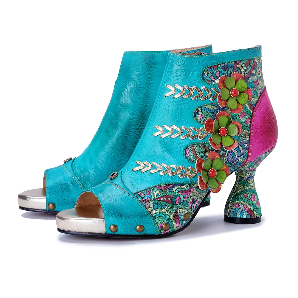 Women's Genuine Leather Handmade 3D Flower High Heel Sandals Boots Bohemian Spliced Ethnic Style Turquoise Blue Peep Toe Summer Boots