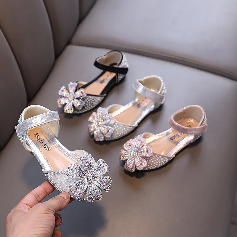 Girls Rhinestone Princess Mary Jane Shoes Glitter Flowers Wedding Performance Dance Shoes For Kids