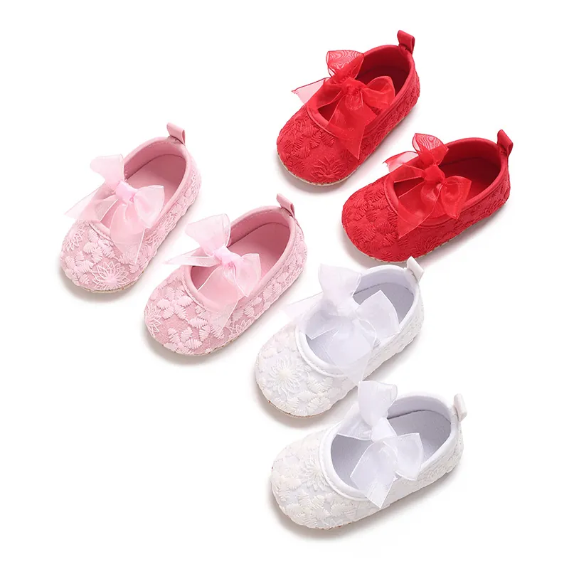 Baby Mädchen Prinzessin Lauflernschuhe Segeltuch Bestickt Große Schleife Weiche Sohle Säugling Hochzeitsschuhe