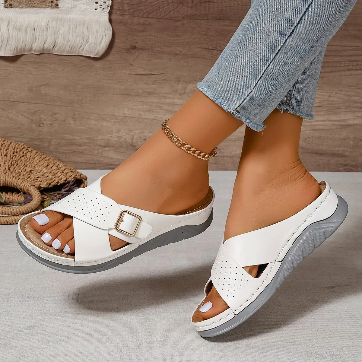 Women Summer Wedge Sandals PU Leather Cross Strap Buckle Perforated Platform Slides Casual Beach Flip Flops