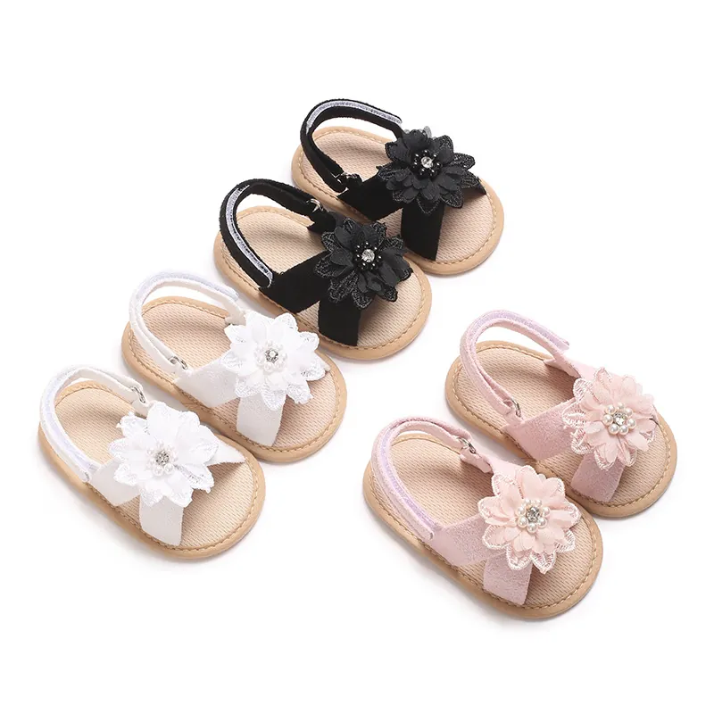Infant Baby Girl Sandals Soft Sole Cute Lace Flower Artificial Pearl Rhinestone Princess Shoes For First Walkers Summer Sandals
