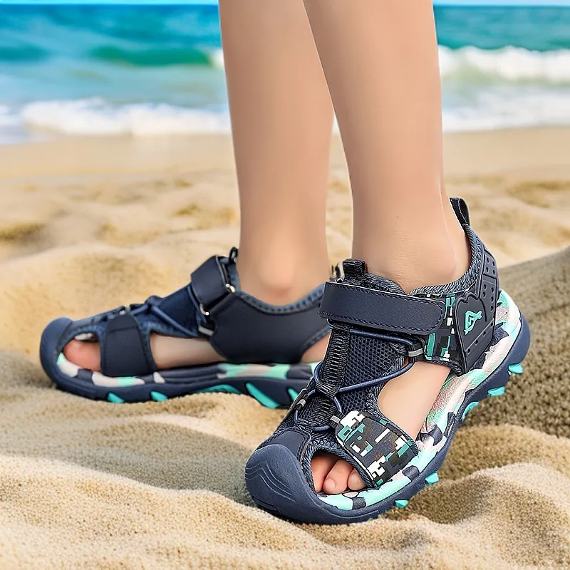 Boys Closed Toe Sports Sandals 2025 Summer New Soft Anti-Slip Beach Shoes Kids Camouflage Mesh Synthetic Leather Magic Tape Athletic Outdoor Sandals