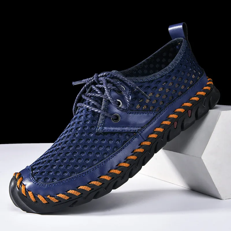 Men Outdoor Wading Shoes Mesh Breathable Fast-drying Hand-stitched Anti-slip Rubber Sole Trekking Hiking Hiking Water Shoes