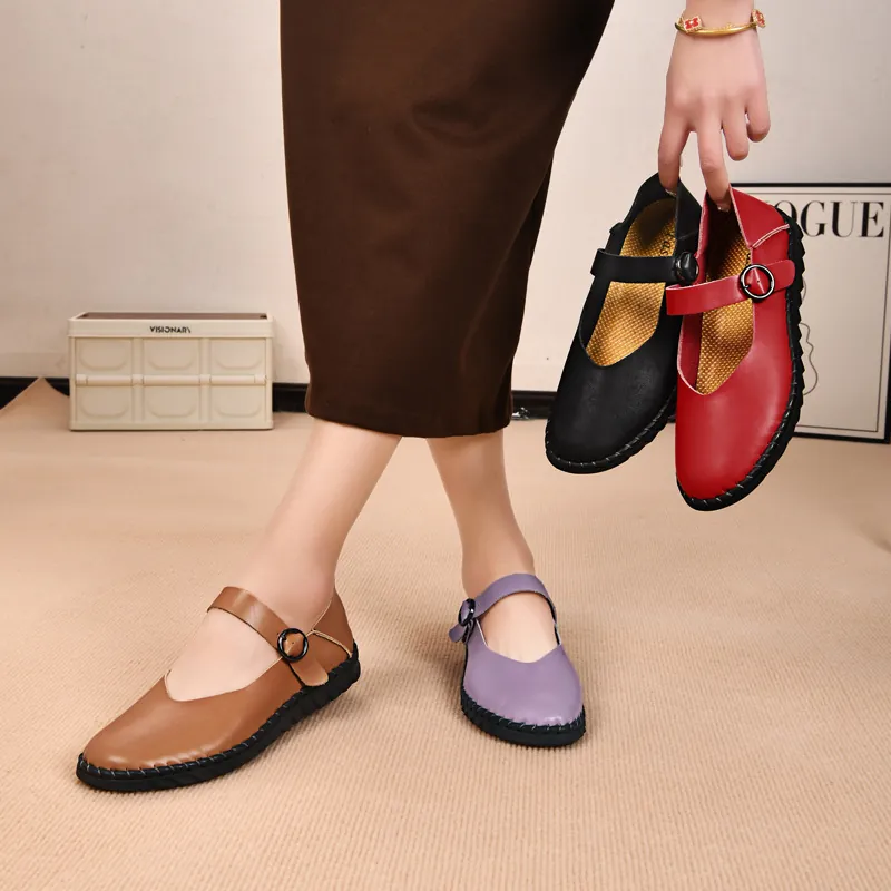 Damen Retro Mary Jane Flache Schuhe Quadratische Zehe Schnalle Riemen Weiches PU-Leder Freizeitschuhe Komfortabel Atmungsaktiv