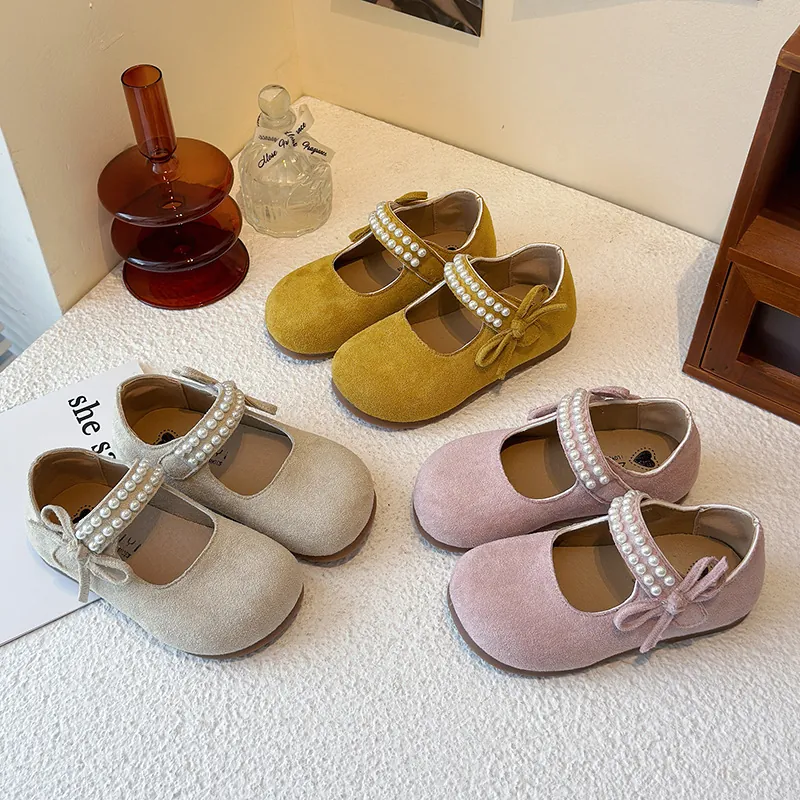 Zapatos Mary Jane de Princesa para Niñas Con Correas de Doble Fila de Perlas Artificiales y Lazo Zapatos Planos de Ante para Niños
