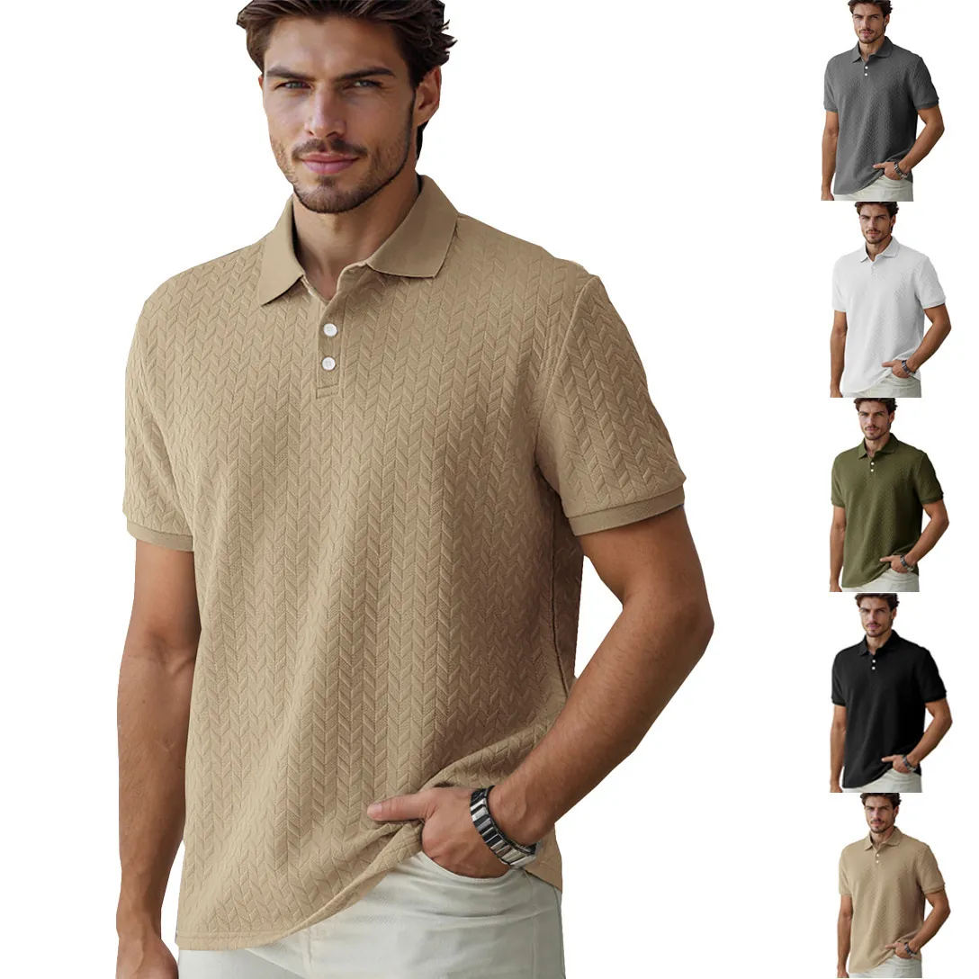 Men's Heavyweight Jacquard Polo Shirt Short Sleeve American Casual Business Top Polyester Knitted Texture Polo