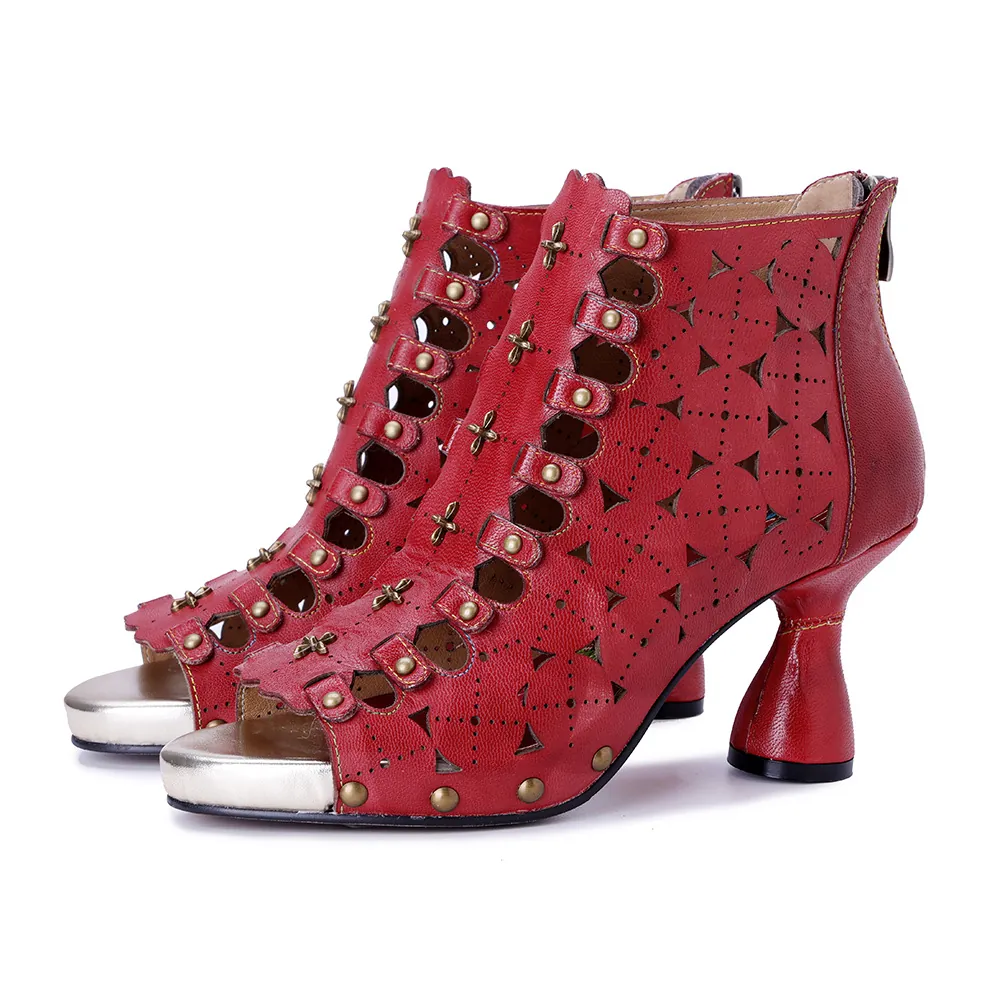 Botas Sandalia de Tacón Alto para Mujer Hechas a Mano en Piel de Oveja Vintage Calado Remaches Cremallera Botines de Moda